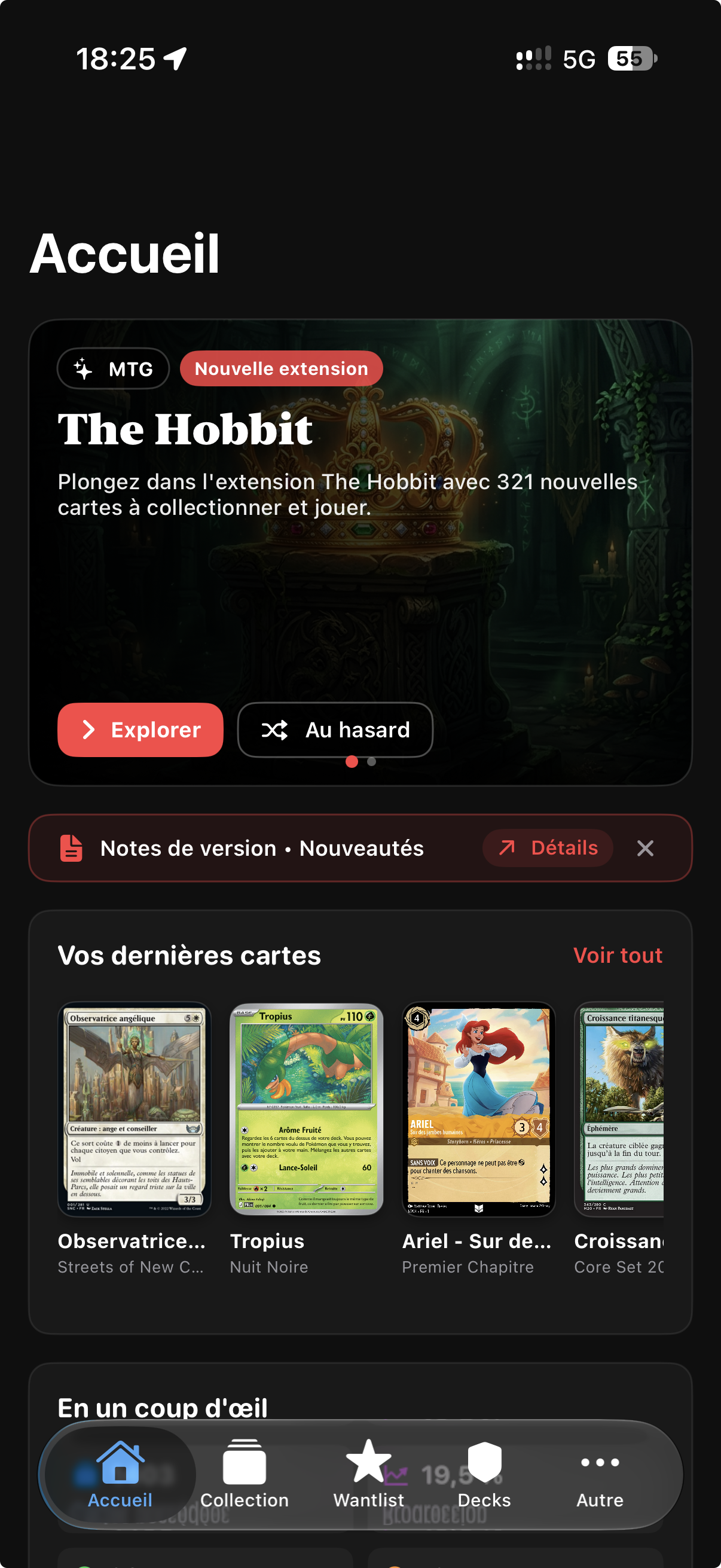 Accueil de Cardlist sur iPhone avec collection, decks, éditions, wishlist, scan de cartes et actualités TCG